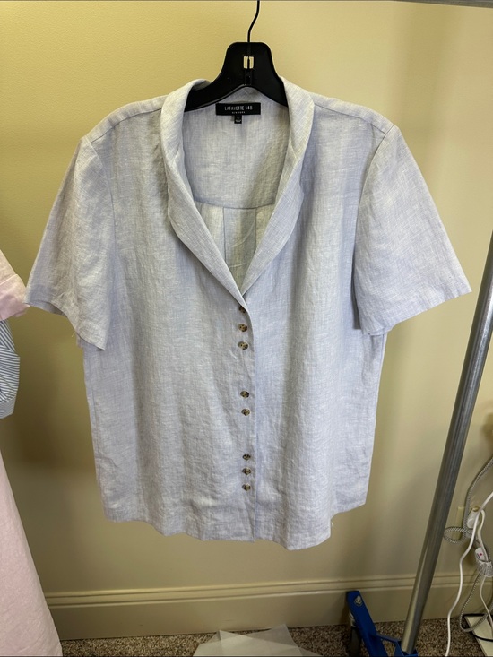 Lafayette 148 New York Tops - Lafayette 148 New York Light Blue Linen Button-Front Short Sleeve Top
